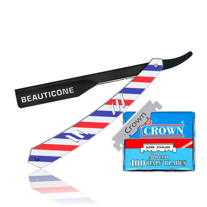 Picture of BEAUTICONE Straight Razor | Professional Barber Razor for men with 100 Single Edge Blades | Straight Edge Razor │slide-out design (Barber Pole Slide-out Razor)