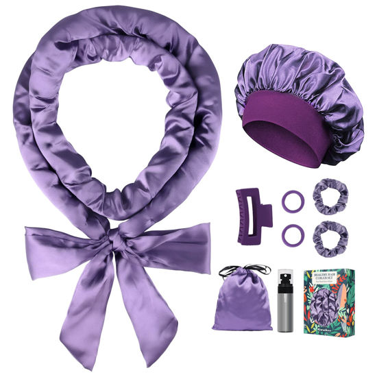Picture of Gwabee Satin Heatless Curls Overnight Hair Curlers to Sleep In Hair Curler Rollers No Heat Hair Wrap for Curls Headband, 70" Satin Heatless Curling Rod Set for Women Long Waves Hair Volume-Purple 9PCS