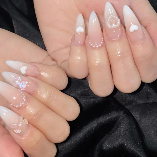 Picture of LPOODDNU White French Tip Press on Nails Almond Medium Fake Nails 3D Bow-Knot Heart Glue on Nails Valentine’s Day Nail Art Decorations Gradient Color Stick on Nails for Women Finger Manicure, 24Pcs