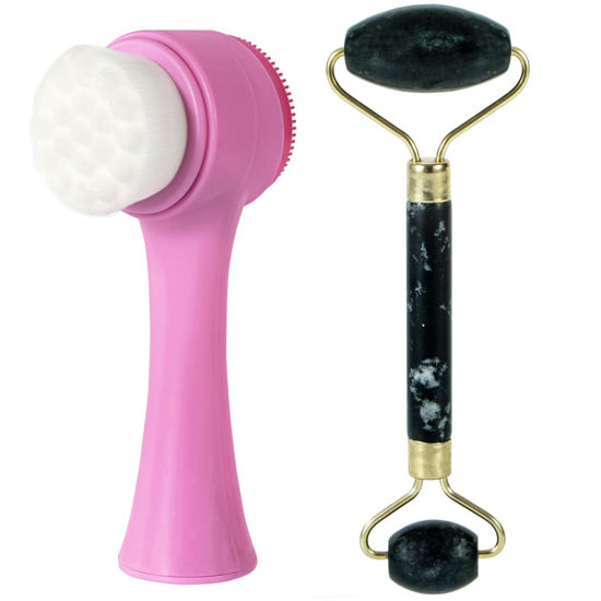Picture of Beomeen Face Brush 2 in 1, Silicone Facial Cleansing Exfoliating Brush Soft Bristles Pore Deep Cleansing, Jade Face Roller Skin Care Tools, Manual Dual Face Wash Scrub Brush Massaging Gift,PurpleBlack