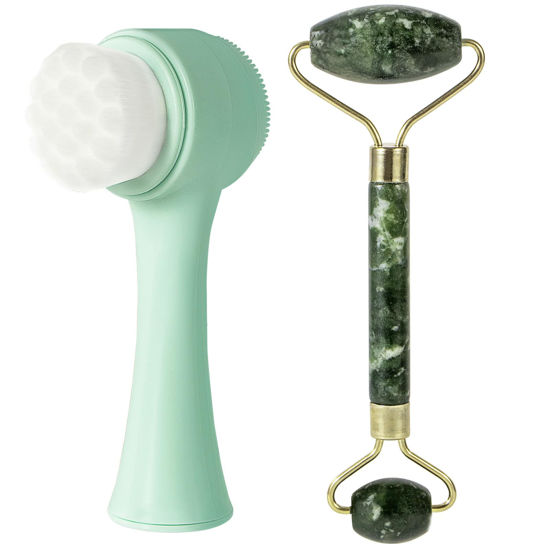 Picture of Beomeen Face Brush 2 in 1, Silicone Facial Cleansing Exfoliating Brush Soft Bristles Pore Deep Cleansing, Jade Face Roller Skin Care Tools, Manual Dual Face Wash Scrub Brush Massaging Gift, Blue+Green