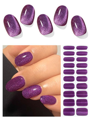 Picture of AutyaMee Semi Cured Gel Nail Strips (Purple Cat Eye)-20 PCS Gel Nail Stickers | Gel Nail Wraps | UV Light Required, Salon Quality & Easy to Use