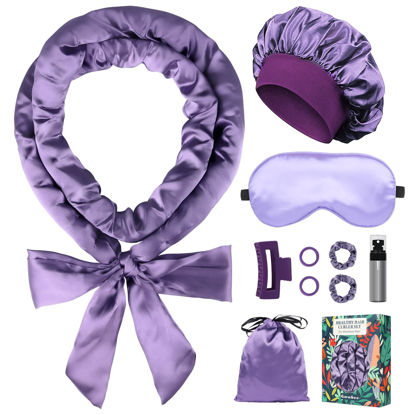 Picture of Gwabee Satin Heatless Curls Overnight Hair Curlers to Sleep In Hair Curler Rollers No Heat Hair Wrap for Curls Headband, 70" Satin Heatless Curling Set for Women Long Waves Hair Volume -Purple 10 PCS