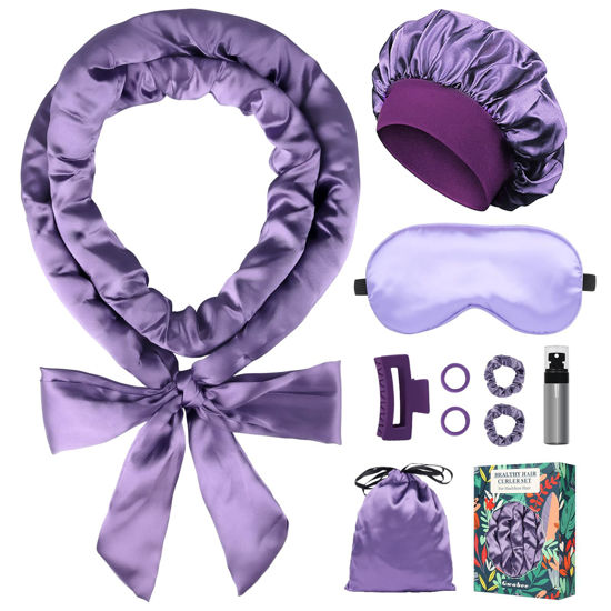 Picture of Gwabee Satin Heatless Curls Overnight Hair Curlers to Sleep In Hair Curler Rollers No Heat Hair Wrap for Curls Headband, 70" Satin Heatless Curling Set for Women Long Waves Hair Volume -Purple 10 PCS