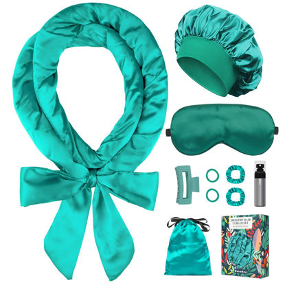Picture of Gwabee Satin Heatless Curls Overnight Hair Curlers to Sleep In Hair Curler Rollers No Heat Hair Wrap for Curls Headband, 70" Satin Heatless Curling Set for Women Long Waves Hair Volume -Green 10 PCS