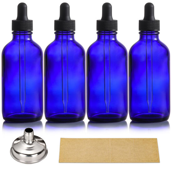 Picture of AOZITA 4 Pack, 4oz Blue Glass Dropper Bottles with 1 Funnel & 4 Lables - 120ml Dark BlueTincture Bottles with Eye Droppers - Leakproof Travel Bottles For Essential Oils, Liquids
