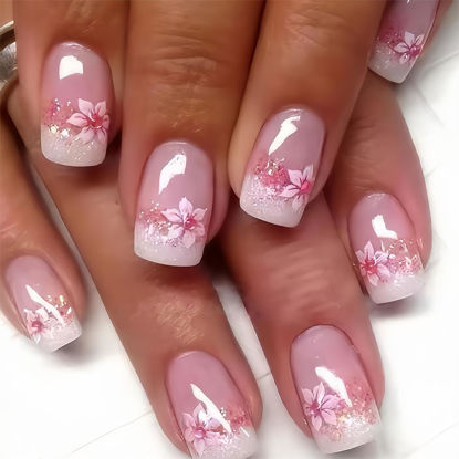Picture of RTKHFZE French Tip Press On Nails - Acrylic Nails Press on Nails Medium Square fake Nails Pink Full Cover False Nails with Designs Glitter Flower Glue on Nails for Women and Girls 24Pcs