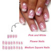 Picture of RTKHFZE French Tip Press On Nails - Acrylic Nails Press on Nails Medium Square fake Nails Pink Full Cover False Nails with Designs Glitter Flower Glue on Nails for Women and Girls 24Pcs