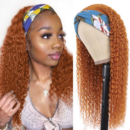 Picture of Eooma Headband Wig Curly Human Hair Wigs for Black Women 10A 180% Density Brazilian Kinky Curly #350 Giner Omber Human Hair Headband Wigs Scarf No Gel Gluelees 24 Inch Remy Hair
