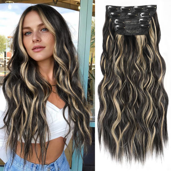 Picture of ALXNAN Clip in Hair Extensions for Women, Black Mix Blonde Long Wavy Hair Extensions Clip Ins 4PCS 24 Inch Synthetic Soft and Natural Thick Hair Pieces for Women