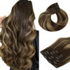 Picture of HOTBANANA Human Hair Clip in Hair Extensions, Balayage Chocolate Brown Mixed Caramel Blonde 120g Clip in Hair Extensions Real Human Hair Straight Remy Hair Clip Ins Dark Roots Ombre 16 Inch 7pcs