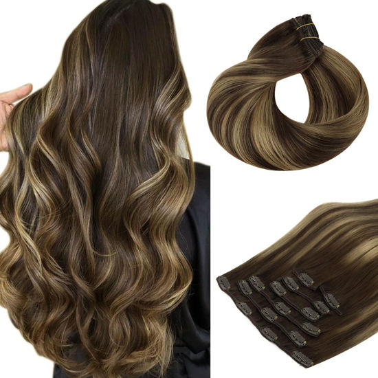 Picture of HOTBANANA Human Hair Clip in Hair Extensions, Balayage Chocolate Brown Mixed Caramel Blonde 120g Clip in Hair Extensions Real Human Hair Straight Remy Hair Clip Ins Dark Roots Ombre 22 Inch 7pcs