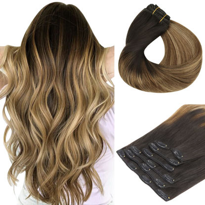 Picture of HOTBANANA Human Hair Clip in Hair Extensions, Dark Brown to Chestnut Brown and Dirty Blonde Highlighted 120g Clip in Hair Extensions Real Human Hair Straight Remy Hair 16 Inch 7pcs