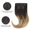 Picture of HOTBANANA Human Hair Clip in Hair Extensions, Dark Brown to Chestnut Brown and Dirty Blonde Highlighted 120g Clip in Hair Extensions Real Human Hair Straight Remy Hair 18 Inch 7pcs