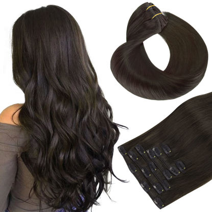 Picture of HOTBANANA Human Hair Clip in Hair Extensions, Dark Brown 120g Clip in Hair Extensions Real Human Hair Straight Remy Hair Clip in Hair Extensions 22 Inch 7pcs