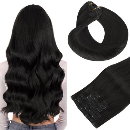 Picture of HOTBANANA Human Hair Clip in Hair Extensions, Natural Black 120g Clip in Hair Extensions Real Human Hair Straight Remy Hair Clip in Hair Extensions 16 Inch 7pcs