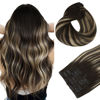 Picture of HOTBANANA Human Hair Clip in Hair Extensions, Balayage Natural Black to Light Blonde 120g Clip in Hair Extensions Real Human Hair Straight Remy Hair Clip Ins Dark Roots Ombre 16 Inch 7pcs