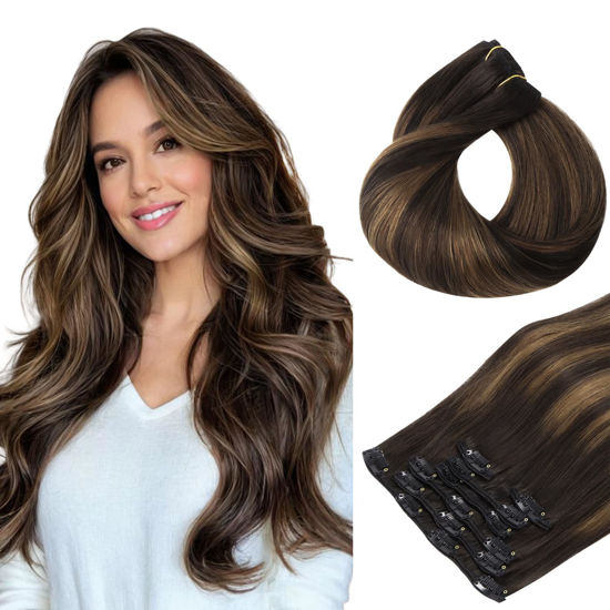 Picture of HOTBANANA Human Hair Clip in Hair Extensions, Balayage Dark Brown Mixed Chestnut Brown 120g Clip in Hair Extensions Real Human Hair Straight Remy Hair Clip Ins Dark Roots Ombre 18 Inch 7pcs