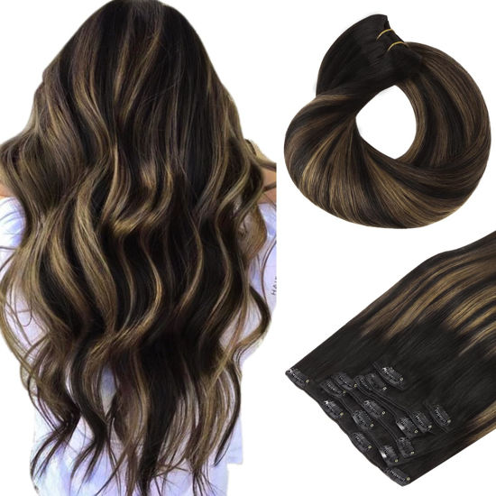 Picture of HOTBANANA Human Hair Clip in Hair Extensions, Balayage Natural Black to Chestnut Brown 120g Clip in Hair Extensions Real Human Hair Straight Remy Hair Clip Ins Dark Roots Ombre 24 Inch 7pcs