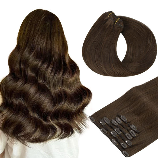 Picture of HOTBANANA Human Hair Clip in Hair Extensions, Light Dark Brown 120g Clip in Hair Extensions Real Human Hair Straight Remy Hair Clip in Hair Extensions 24 Inch 7pcs