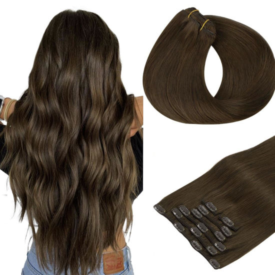 Picture of HOTBANANA Human Hair Clip in Hair Extensions, Chocolate Brown 120g Clip in Hair Extensions Real Human Hair Straight Remy Hair Clip in Hair Extensions 20 Inch 7pcs