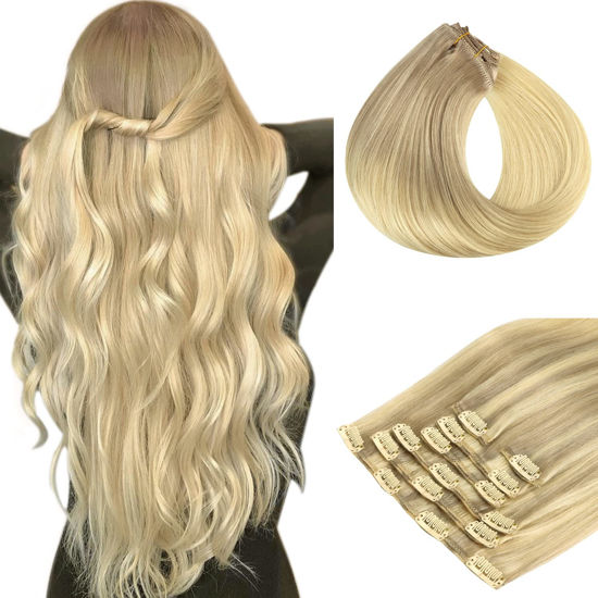 Picture of HOTBANANA Human Hair Clip in Hair Extensions, Ash Blonde to Golden Blonde and Platinum Blonde Hair Extensions 120g Clip in Hair Extensions Real Human Hair Straight Remy Hair 20 Inch 7pcs