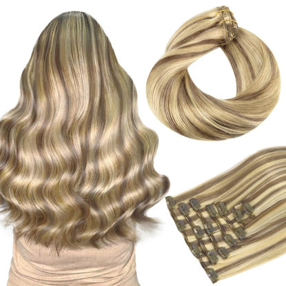 Picture of HOTBANANA Human Hair Clip in Hair Extensions, Ash Brown Highlighted Golden Blonde Hair Extensions 120g Clip in Hair Extensions Real Human Hair Straight Remy Hair Clip Ins 20 Inch 7pcs