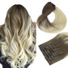 Picture of HOTBANANA Human Hair Clip in Hair Extensions, Ombre Sandy Brown to Platinum Blonde 120g Clip in Hair Extensions Real Human Hair Straight Remy Hair Clip in Hair Extensions 16 Inch 7pcs