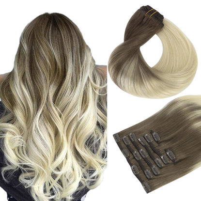 Picture of HOTBANANA Human Hair Clip in Hair Extensions, Ombre Sandy Brown to Platinum Blonde 120g Clip in Hair Extensions Real Human Hair Straight Remy Hair Clip in Hair Extensions 16 Inch 7pcs