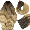 Picture of HOTBANANA Human Hair Clip in Hair Extensions, Balayage Chocolate Brown to Dirty Blonde 120g Clip in Hair Extensions Real Human Hair Straight Remy Hair Clip Ins Dark Roots Ombre 20 Inch 7pcs