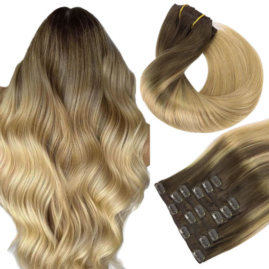 Picture of HOTBANANA Human Hair Clip in Hair Extensions, Balayage Chocolate Brown to Dirty Blonde 120g Clip in Hair Extensions Real Human Hair Straight Remy Hair Clip Ins Dark Roots Ombre 20 Inch 7pcs