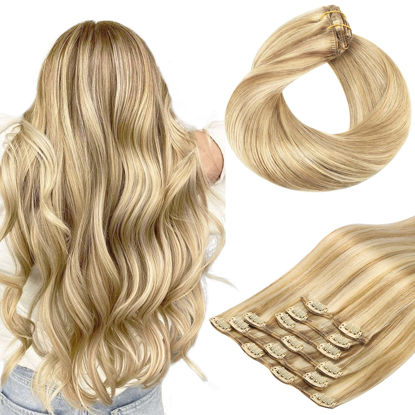 Picture of HOTBANANA Human Hair Clip in Hair Extensions, Balayage Light Blonde Highlighted Golden Blonde 120g Clip in Hair Extensions Real Human Hair Straight Remy Hair Extensions 18 Inch 7pcs