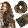 Picture of HOTBANANA Human Hair Clip in Hair Extensions, Balayage Chocolate Brown with Honey Blonde 120g Clip in Hair Extensions Real Human Hair Straight Remy Hair Clip Ins Dark Roots Ombre 14 Inch 7pcs