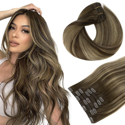 Picture of HOTBANANA Human Hair Clip in Hair Extensions, Balayage Chocolate Brown with Honey Blonde 120g Clip in Hair Extensions Real Human Hair Straight Remy Hair Clip Ins Dark Roots Ombre 14 Inch 7pcs