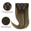 Picture of HOTBANANA Human Hair Clip in Hair Extensions, Balayage Chocolate Brown with Honey Blonde 120g Clip in Hair Extensions Real Human Hair Straight Remy Hair Clip Ins Dark Roots Ombre 16 Inch 7pcs