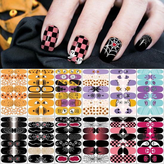 Picture of 12 Sheets Halloween Nail Wraps Stickers, Nail Polish Strips DIY Self-Adhesive Full Glitter Nail Art Decals Pumpkin Bat Ghost Spider Skull Pattern with 2 Piece Nail Files for Party Decor (168 Pieces)