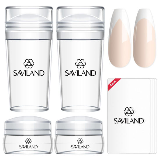 Picture of Saviland French Tip Nail Stamp: 8PCS Clear Silicone Nail Stamping Nail Art Stamper Kit, 2+2PCS Long & Short Jelly Stamper with Scrapers Nail Stamper Kit for French Manicure Home DIY Nail Salon