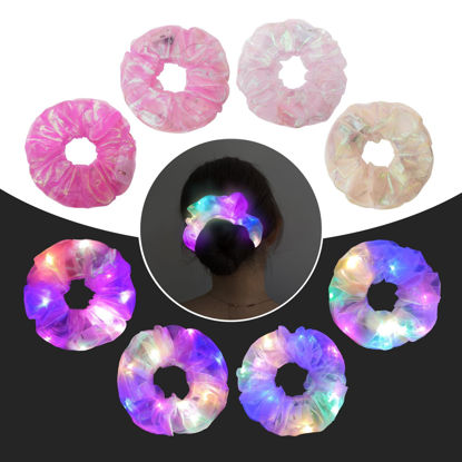 Picture of 4Pcs Light Up Scrunchies Hair Tie, Pink LED Scrunchy Rave Hair Accessories for Women & Girls, Glow in the Dark Party Supplies Sleepover Party Favor Festival Accessory for Crazy Hair Day