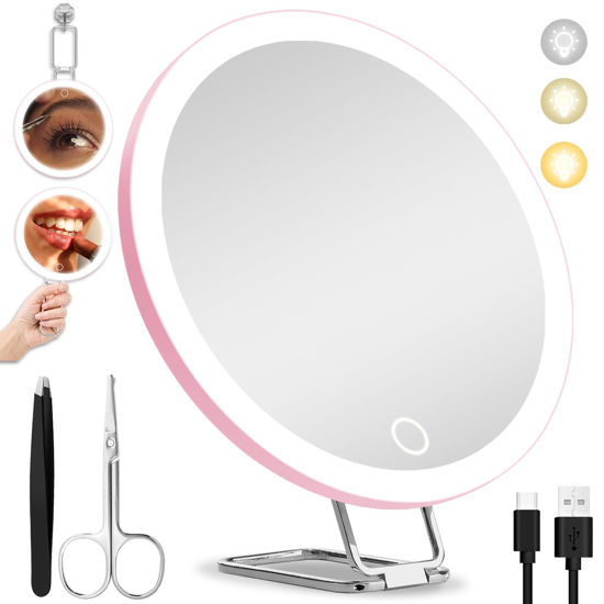 Picture of 20X Magnifying Mirror with Light, 6'' Makeup Magnifying Mirror with 3 Color Lights Dimming 20x Makeup Mirror with Magnification, Lighted Travel Magnifying Mirror, 3 Suction Cups, 360° Adjustable Stand