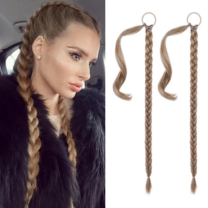 Picture of SEIKEA 2PCS Long Braid Ponytail Extension with Hair Tie Long Straight Wrap Around Hair Extensions Ponytail Soft Synthetic Hair Dark Blonde 26 Inch (After Braided 23 Inch)