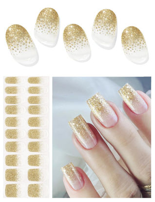 Picture of AutyaMee Semi Cured Gel Nail Strips (Gold Glitter Gradient)-20 PCS French Tip Gel Nail Stickers | Gel Nail Wraps | UV Light Required, Salon Quality & Easy to Use