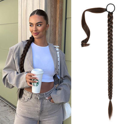 Picture of SEIKEA Upgraded Long Braid Ponytail Extension with Elastic Tie Straight Sleek Wrap Around Braid Hair Extensions Ponytail Black Mixed with Browns 34 Inch (After Braided 30 Inch)