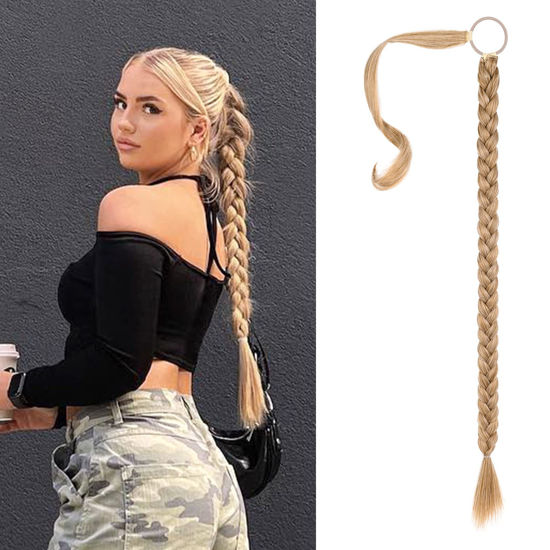 Picture of SEIKEA Upgraded Long Braid Ponytail Extension with Elastic Tie Straight Sleek Wrap Around Braid Hair Extensions Ponytail Golden Blonde Highlights 34 Inch (After Braided 30 Inch)