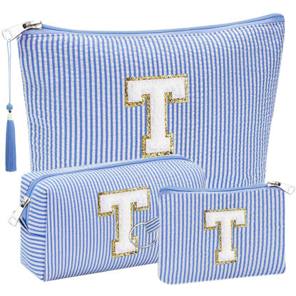 Picture of Initial Gifts Travel Cosmetic Makeup Pouch Bags Sets for Purse, Stoney Clover Dupes Pouch Makeup Bag, Personalized Cosmetic Bags Set for Women, Make up Bag for Teen Girls 13 14 15 16 17 (T, Blue)