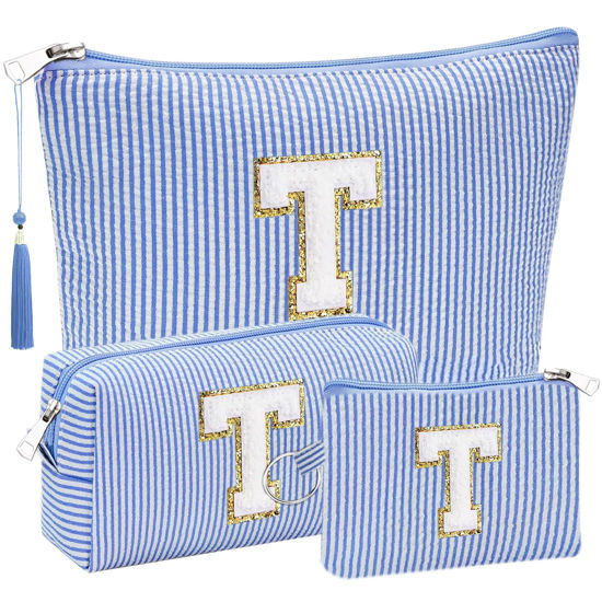 Picture of Initial Gifts Travel Cosmetic Makeup Pouch Bags Sets for Purse, Stoney Clover Dupes Pouch Makeup Bag, Personalized Cosmetic Bags Set for Women, Make up Bag for Teen Girls 13 14 15 16 17 (T, Blue)