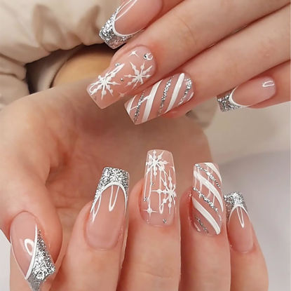 Picture of Christmas Press on Nails Medium Square Fake Nails Silver Silver French Tip False Nails With Snowflake Designs Nude Full Cover Stick on Nails Acrylic Winter Xmas Artificial Nails for Women Girls 24Pcs