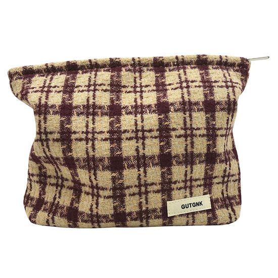 Picture of GUTGNK Corduroy Ladies Cosmetic Bag, Large Capacity Canvas Cosmetic Bag Travel Toiletry Bag Accessories Organizer, Purple Check