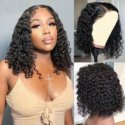 Picture of virginess Wear and Go Glueless Wigs Human Hair Pre Plucked Pre Cut Deep Wave Curly Bob Wig Human Hair Lace Front Wigs for Black Women 4x4 Lace Closure Human Hair Bob Wigs Glueless 8 Inch