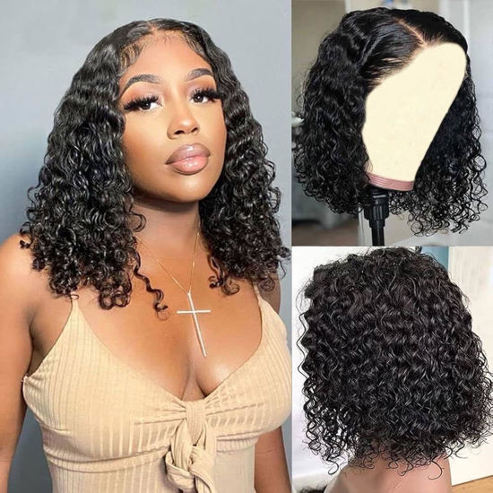 Picture of virginess Wear and Go Glueless Wigs Human Hair Pre Plucked Pre Cut Deep Wave Curly Bob Wig Human Hair Lace Front Wigs for Black Women 4x4 Lace Closure Human Hair Bob Wigs Glueless 8 Inch