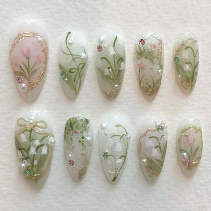 Picture of LBPEPAMZ Green Press on Nails Medium Almond Fake Nails with 3D Pearl Rhinestones Designs Gold French Tips Flower Acrylic Nails False Nails White Floral Full Cover Glossy Stick on Nails for Women 24Pcs